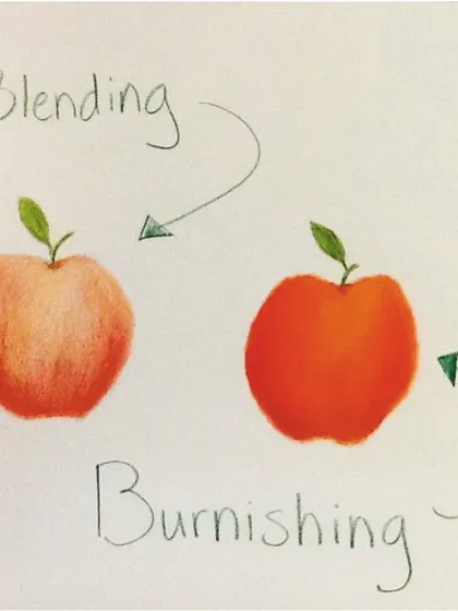 What's the difference between blending and burnishing? This helpful illustration shows how blending creates a soft effect, while burnishing with heavy pressure creates a bright, saturated, and glossy finish.
