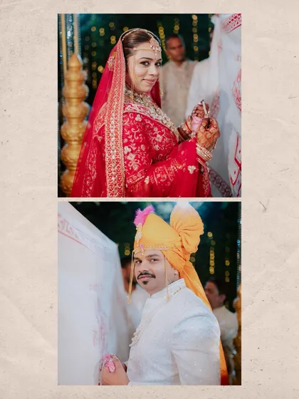 A diptych of the bride and groom during their wedding ceremony, capturing their individual portraits.