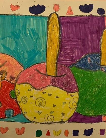 Another creative take on the candy apples, this time with hearts, swirls, and an alphabet border, showing the student's personal flair.