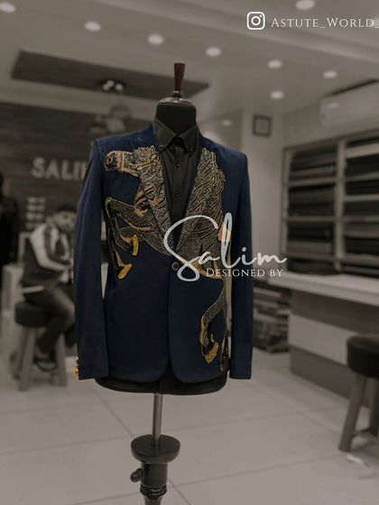 A mannequin showcasing the flying horse embroidered blazer. This view highlights the craftsmanship and the way the design is integrated into the jacket's structure.