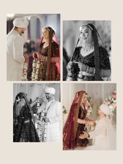 A four-panel story of the Varmala and other ceremony rituals, presented in a mix of color and timeless black and white.