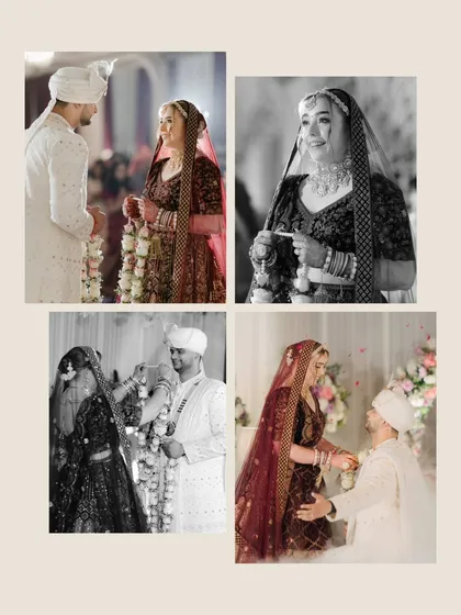 A four-panel story of the Varmala and other ceremony rituals, presented in a mix of color and timeless black and white.
