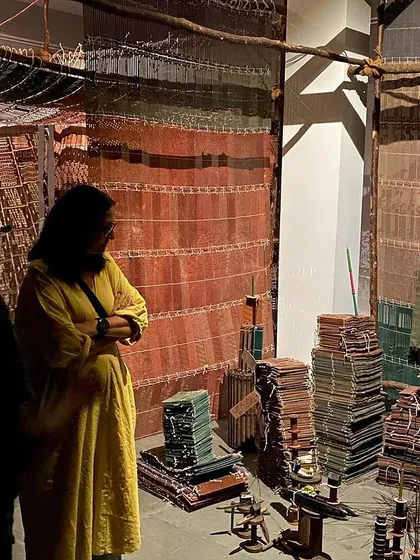 Pushpamala N observing the central installation.