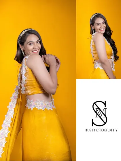 My Hebbal studio is perfect for creating clean, vibrant portraits. For this model portfolio shot, we used a bold yellow background to make the subject's joyful expression and beautiful outfit pop.