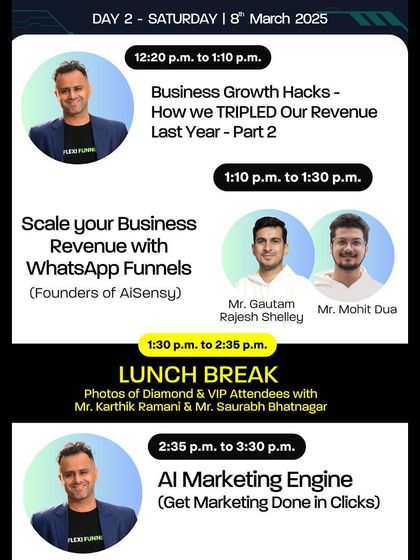 More from the Day 2 agenda, including how to scale your business revenue using WhatsApp Funnels and implementing an AI Marketing Engine.