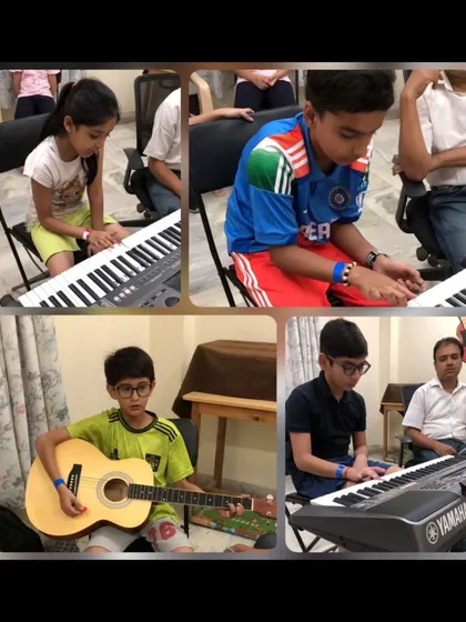 A collage from our music classes, showing children learning to play the keyboard and guitar. We create a fun and encouraging environment where students feel comfortable exploring their musical talents.