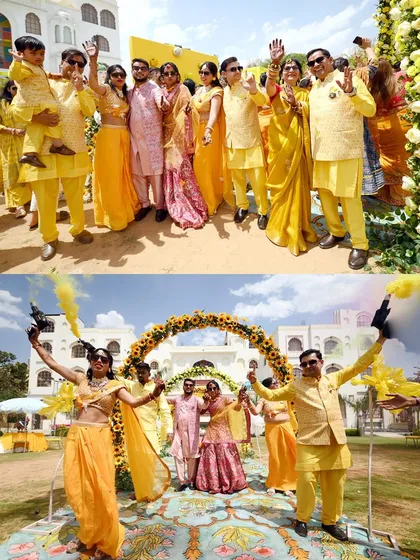 A collage showing the family's enthusiastic participation in the Haldi ceremony, complete with color smoke.