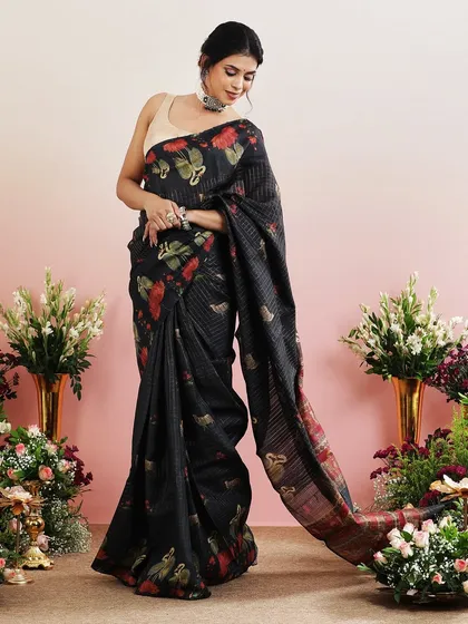 The full view of the black printed saree, a timeless piece for any wardrobe.