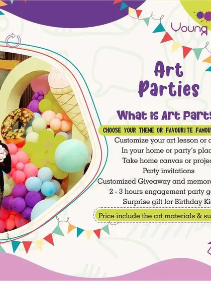 Wondering what an art party with us looks like? This graphic breaks it down. We offer customizable themes, all-inclusive art supplies, fun games, and memorable return gifts, all hosted at your location or our studio.