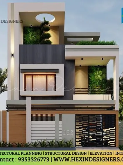 This is a photorealistic 3D render for a G+2 home in Kakolu, Bangalore. The design features a distinctive circular skylight on the top floor, integrated planters for natural greenery, and strategic exterior lighting to highlight its modern architecture at night.