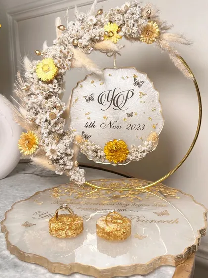 The complete view of the best-selling yellow and white floral hoop platter, a perfect keepsake for your special day.