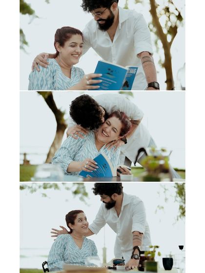 A collage of tender moments from a pre-wedding shoot, showing the couple reading and sharing affectionate glances by the water.