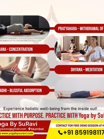 We guide you through the 8 limbs of Ashtanga Yoga, from Pratyahara (withdrawal of senses) to Samadhi (blissful absorption).