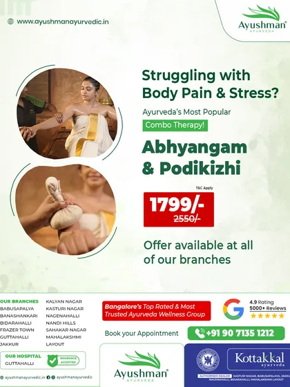 For those struggling with body pain and stress, our popular Abhyangam and Podikizhi combo therapy is the perfect solution. This package is designed to relieve chronic pain, reduce fatigue, and improve circulation, and is available at a special offer price at all our branches.