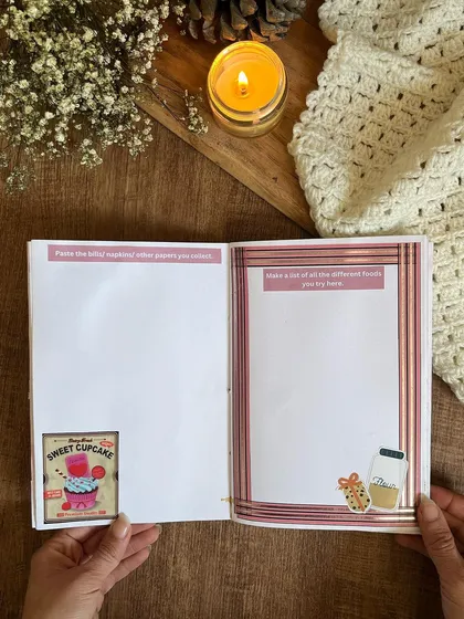 A guided prompt page from the custom journals, asking them to list different foods they've tried.