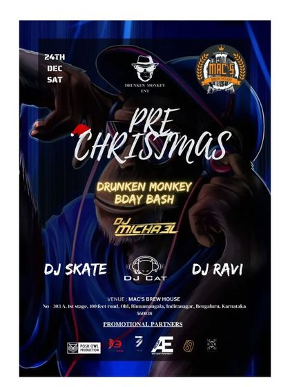 A "Pre Christmas Drunken Monkey Bday Bash" flyer for an event at Mac's Brew House.