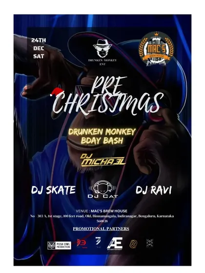 A "Pre Christmas Drunken Monkey Bday Bash" flyer for an event at Mac's Brew House.