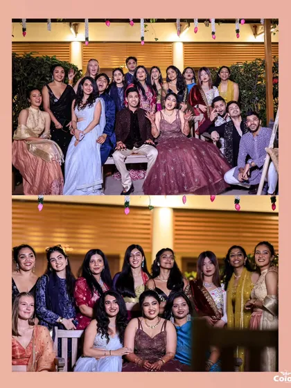 A collage of group photos from a reception, showing the couple with their friends and the bride with her bridesmaids.