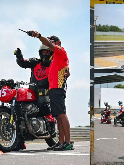 A collage showing a coach giving detailed instructions to a rider on the track, emphasizing our focus on personalized feedback and skill development.