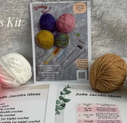 Take a look at everything packed into my Crochet Beginners Kit. You get four different colors of yarn, printed guides explaining all the crochet terms, and all the tools you need. I designed it to be a complete starter pack so you can begin crafting right away.