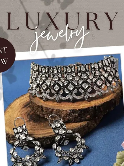 This graphic showcases a luxurious American Diamond choker with a dark, oxidized finish. It's a bold, modern piece perfect for a cocktail party or a high-fashion event.