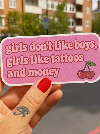 "Girls don't like boys, girls like tattoos and money." A fun sticker that captures the vibe.