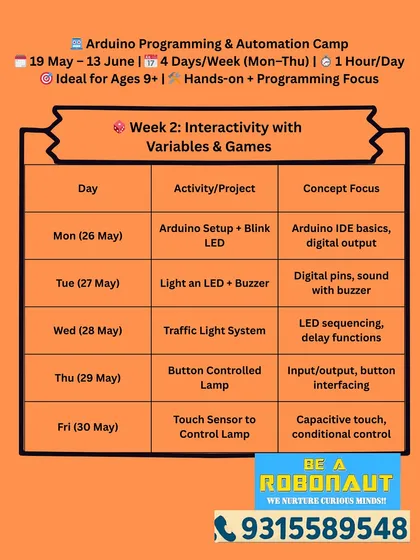 Week 2 of our Arduino Programming Camp focuses on interactivity. Students will learn to light up LEDs, create sound with buzzers, and build a button-controlled lamp.