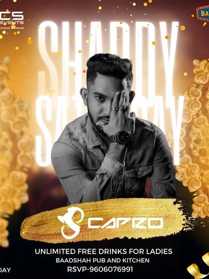 A stylish poster for 'Shaddy Saturday' at Baadshah Pub, a night of unlimited free drinks for ladies.