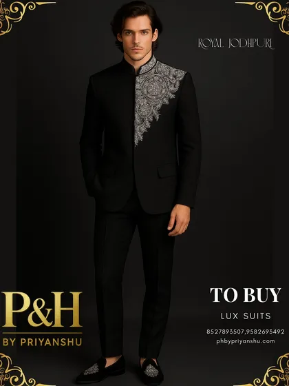 A modern interpretation of Indian royalty, this image displays a royal black Jodhpuri suit. The focus is on the exquisite, asymmetrical silver hand-embroidery that cascades over the shoulder and chest, showcasing a blend of traditional craftsmanship and contemporary design.