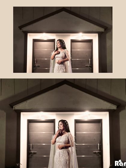 A diptych of the bride from her engagement ceremony, showing two beautiful poses. This format allows me to highlight different expressions and details of her stunning white lehenga with its feathered cape.