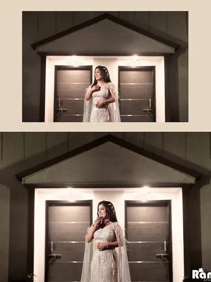 A diptych of the bride from her engagement ceremony, showing two beautiful poses. This format allows me to highlight different expressions and details of her stunning white lehenga with its feathered cape.