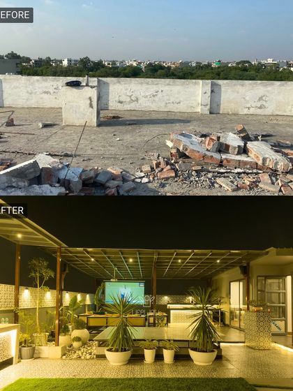 Another angle of the rooftop club transformation. This view shows how the projector screen and seating arrangement create the perfect spot for watching games or hosting movie nights.