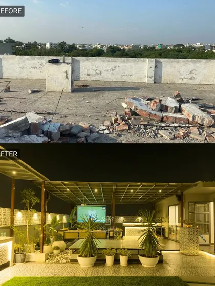 Another angle of the rooftop club transformation. This view shows how the projector screen and seating arrangement create the perfect spot for watching games or hosting movie nights.