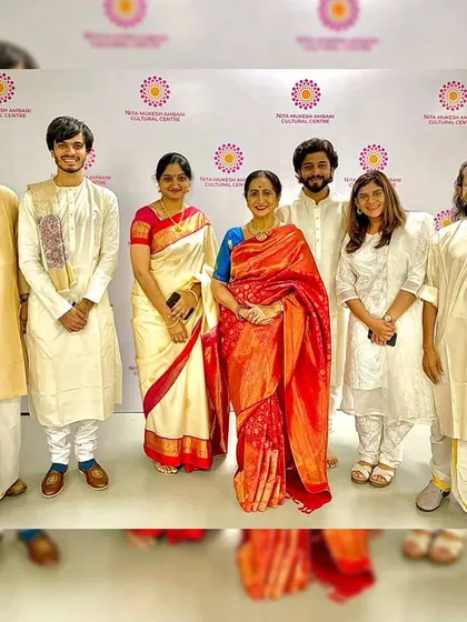The full ensemble of artists who performed with Smt. Aruna Sairam ji at the Nita Mukesh Ambani Cultural Centre.