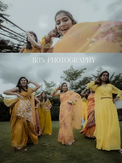 A collage from an outdoor Haldi party. It shows the bride and her friends dancing and having fun, capturing the energy and bright yellow theme of the day.