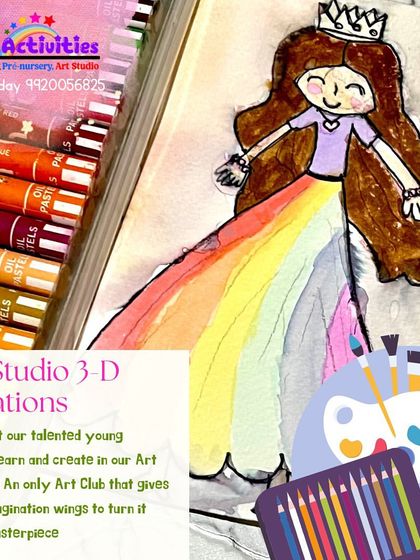 A beautiful princess drawing with a rainbow gown, created using oil pastels. Our 3D creations and drawing classes help young artists bring their favorite fairy tale characters to life with vibrant colors and techniques.