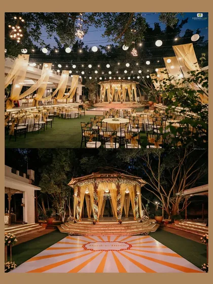 The energy of a Sangeet night, captured in one frame. From the grand stage and custom printed dance floor to the elegant guest seating, we orchestrate every element to build excitement and create a perfect party atmosphere.