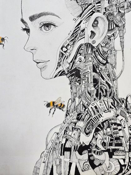 The finished piece. This stunningly detailed micron pen drawing combines a human portrait with mechanical elements, creating a thought-provoking piece of biomechanical art.