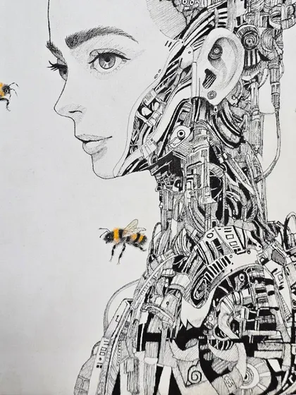 The finished piece. This stunningly detailed micron pen drawing combines a human portrait with mechanical elements, creating a thought-provoking piece of biomechanical art.