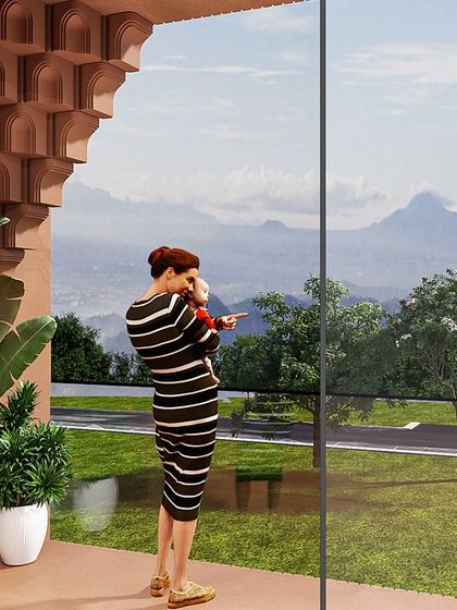 A view from one of the rooms, looking out through the arched balcony to the sacred hills beyond. The design frames the natural beauty of the location.