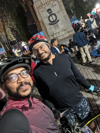 A selfie from our New Year's Eve ride. While the city partied, we chose to welcome the new year on our cycles, navigating the festive crowds together.