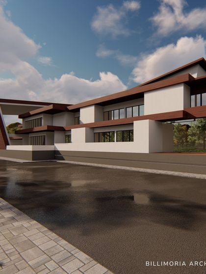 This design explores bold, angular geometry. The structure features intersecting volumes and a dramatic cantilevered section, creating a powerful architectural statement that is both functional and artistic.