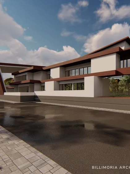 This design explores bold, angular geometry. The structure features intersecting volumes and a dramatic cantilevered section, creating a powerful architectural statement that is both functional and artistic.
