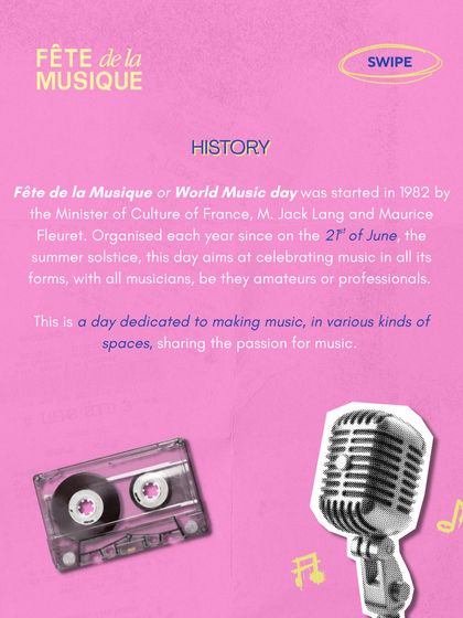 An infographic detailing the history of Fête de la Musique, which started in France in 1982. We provide cultural context to enrich our community's experience.