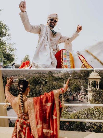 The bride watches her groom's baraat procession from the balcony. A classic wedding moment filled with anticipation and excitement.