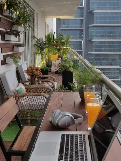 Your balcony can be the best home office you've ever had. We designed this space to be multi-functional, with a comfortable work setup that lets you enjoy fresh air and city views while you work, seamlessly blending productivity with relaxation.