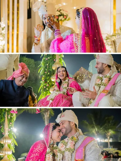 A collage of candid and happy moments from the wedding ceremony. It shows the playful interactions, the laughter, and the deep love between the couple.
