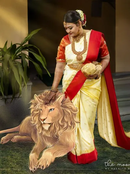 This piece blends photography with illustration, transforming a beautiful bride into a powerful goddess figure accompanied by her lion. It’s a concept I call 'Wedding Shenanigans', where I add a touch of myth and magic to real moments.