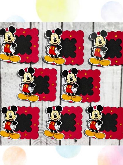 A batch of the Mickey Mouse foam photo frames, perfect for a Disney-themed birthday party. They are lightweight and have a magnet on the back.