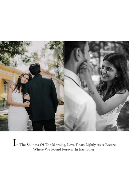 A collage of black and white images capturing tender moments from a pre-wedding shoot. It beautifully illustrates the quiet, gentle breeze of love in the stillness of the morning.